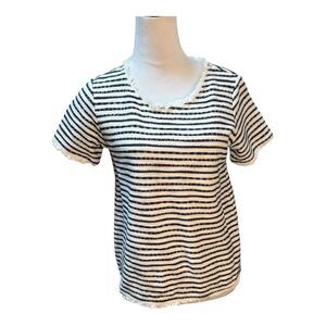Saks 5th Avenue Navy‎ White Stripe Fringe Detail Preppy Nautical  Blouse Size S